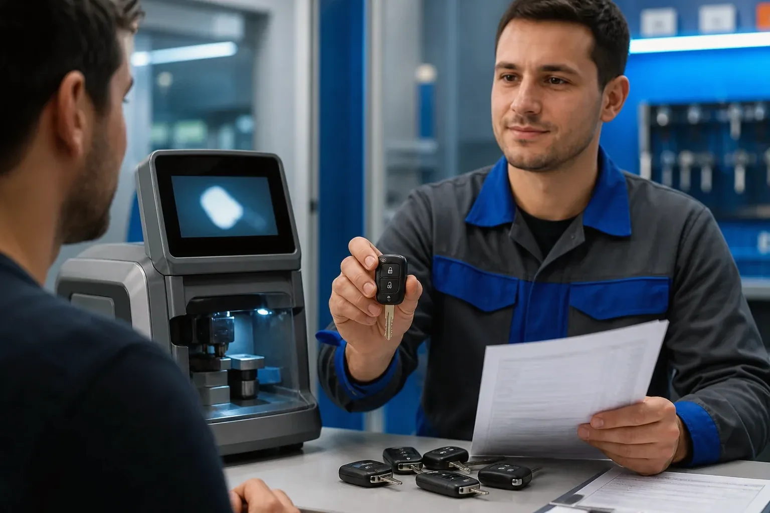 Chaveiro criando chave codificada em Ibirité com equipamentos adequados.