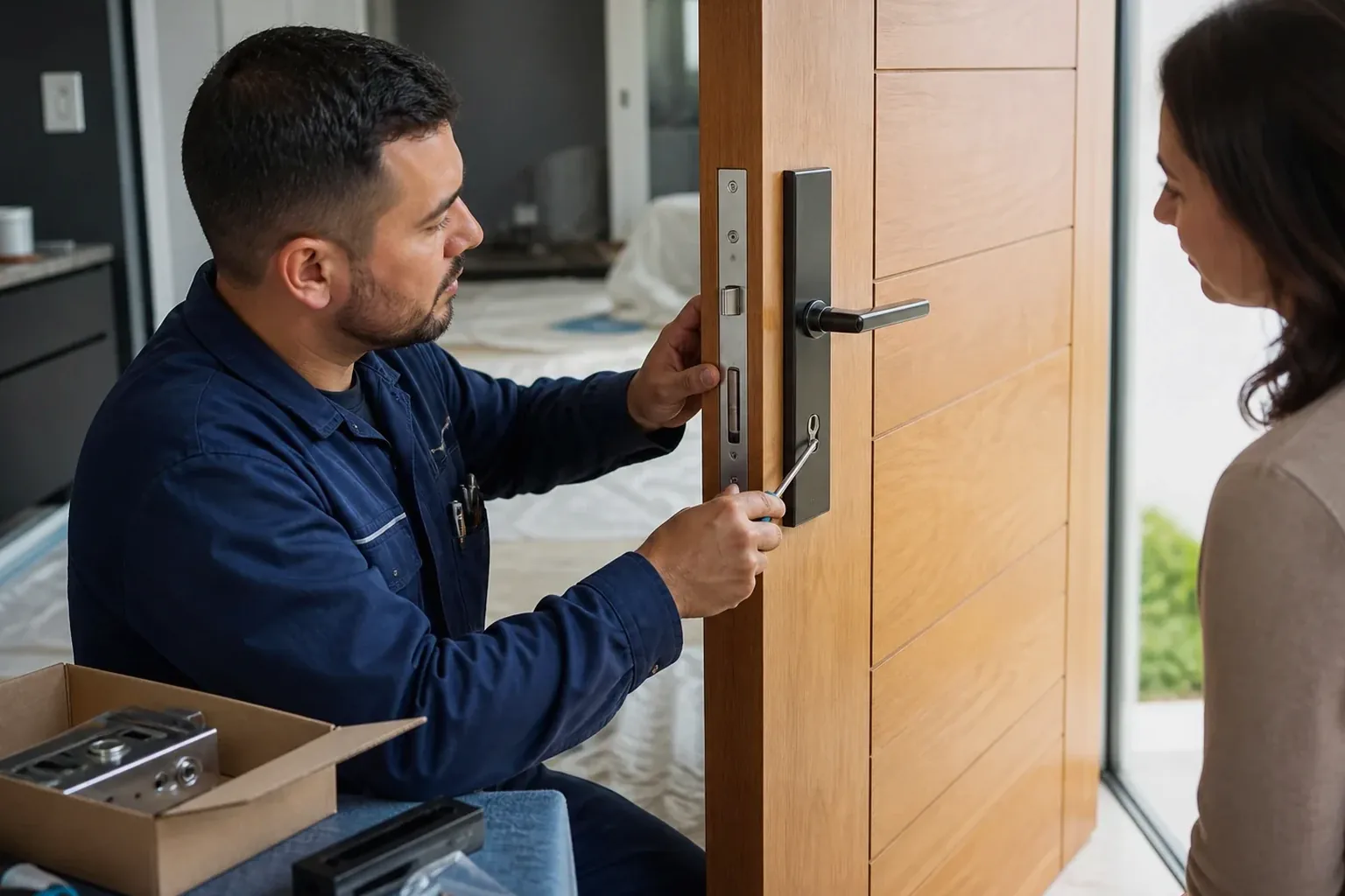 Chaveiro instalando fechadura em uma porta em Ibirité.