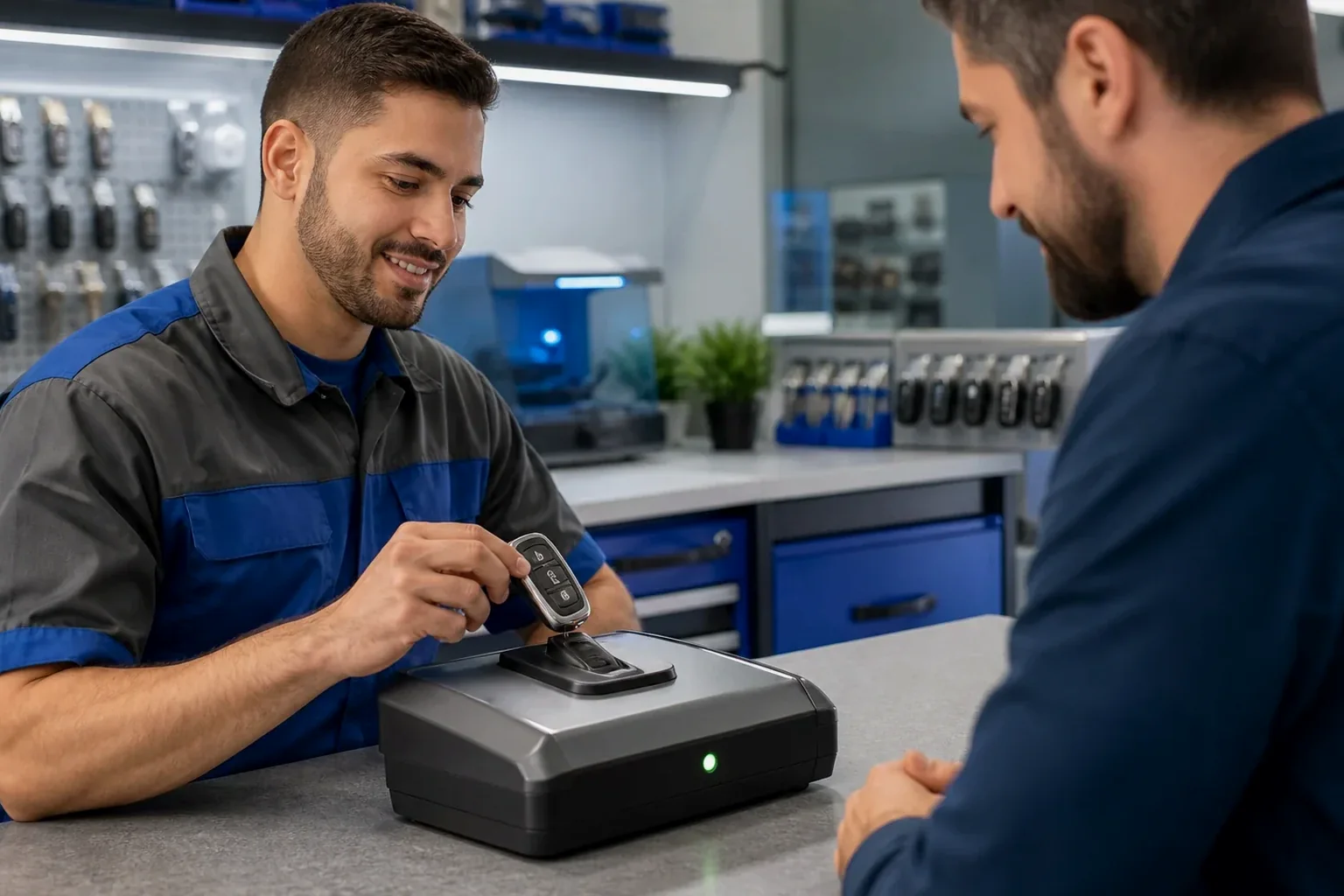 Chaveiro programando controle remoto em Ibirité com equipamento especializado.
